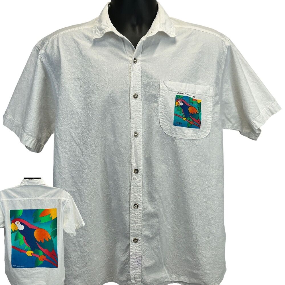 Vintage 90s Cabo San Lucas Parrot Button Front Shirt Mens M Medium White Mexico